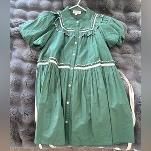 Late Spring Puff Sleeves Ruffle Mini
Dress Green